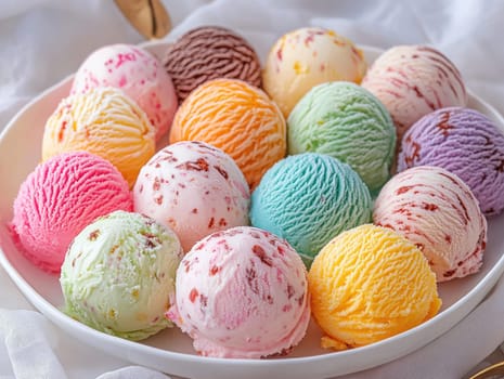 An array of colorful ice cream scoops in various flavors is beautifully arranged on a white plate. The inviting display is perfect for a summer treat or dessert party.