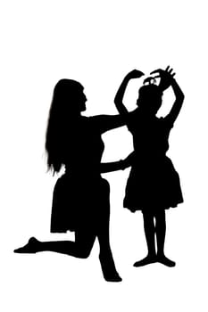 A beautiful silhouette of two women joyfully dancing together against a clean white background, creating an inspiring and artistic scene