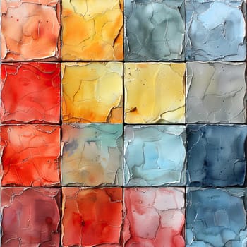 This artwork features a grid of vibrant tiles, each showcasing a unique color blend, creating an engaging visual experience rich in texture and warmth.