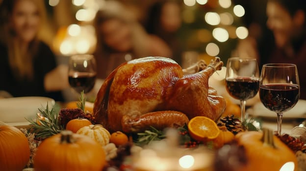 Festive dinner. On the table is a traditional dish - roast turkey. High quality photo