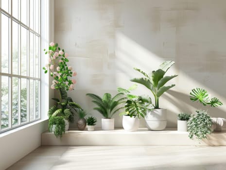 Sunlight fills a cozy room adorned with an array of potted plants, including cacti and leafy greens, along a window sill that enhances the serene atmosphere.