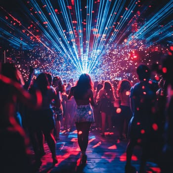 A bright and energetic photo of people dancing in a club. The scene captures their joyful expressions as they dance to the music at a disco. The atmosphere is filled with energy and excitement, showing a variety of characters enjoying a nightclub party. High quality photo