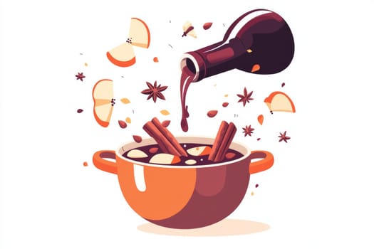 A saucepan, wine and all the ingredients for making hot spicy mulled wine. High quality photo