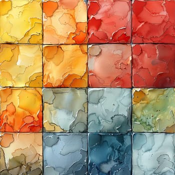 An artistic composition features a grid of tiles in vibrant colors including red, orange, yellow, and blue, arranged neatly to create an abstract visual effect.