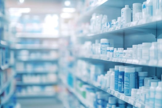 Abstract image of a showcase with medicines, cosmetics in a pharmacy. High quality photo