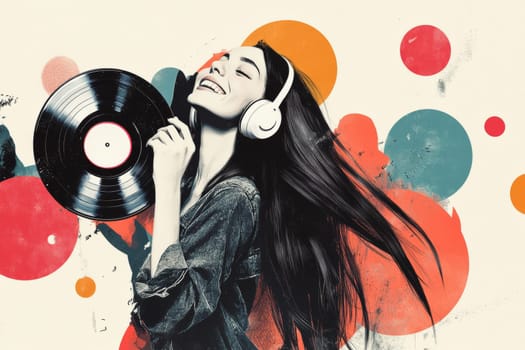 Cute girl listens to her favorite music on headphones and sings. High quality photo