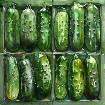 A collection of fresh cucumbers fills a vintage wooden crate, showcasing their vibrant green hues and unique textures under bright sunlight.