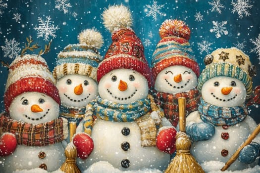 Many funny snowmen stand on a snowy street in winter during a snowfall. High quality photo