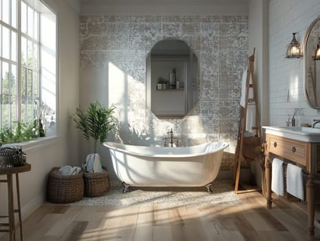 The spacious bathroom features a stylish freestanding tub, wooden accents, and plants, illuminated by natural light streaming through large windows.