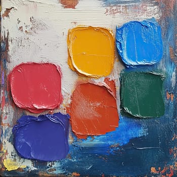 A variety of vibrant oil paints in distinct colors are arranged on a textured canvas, showcasing the artist\'s creative workspace with splashes of color.