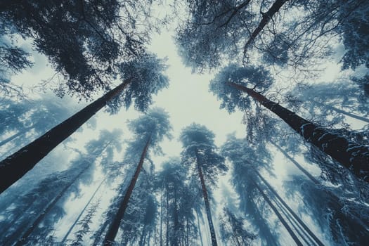 Bottom up view of tree tops in winter forest. High quality photo