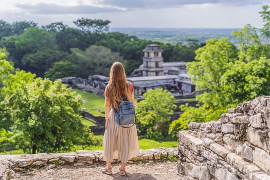 Female tourist exploring the ancient pyramids of Palenque, Mexico, surrounded by dense jungle. Cultural heritage and adventure travel concept.