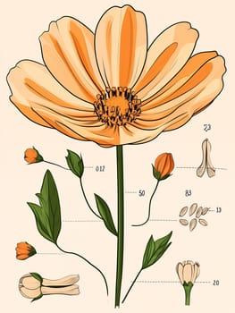 Vintage style botanical illustration of orange flower with detailed plant anatomy showing seeds, stems and buds with scientific labels.