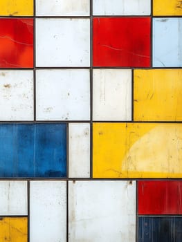 Abstract composition with colorful geometric tiles in primary colors - red, blue, yellow and white creating modernist pattern with distressed texture.