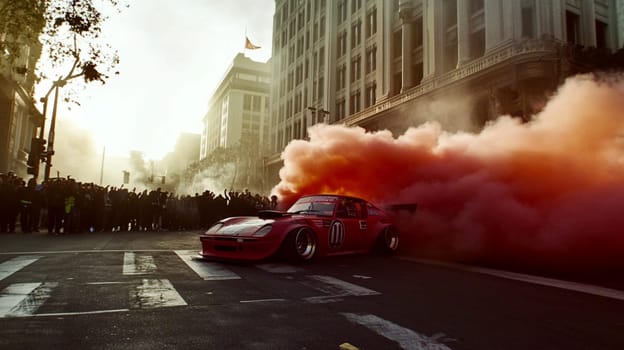 Powerful sports cars race through city streets at sunset, leaving a trail of smoke, thrilling spectators with high speed action