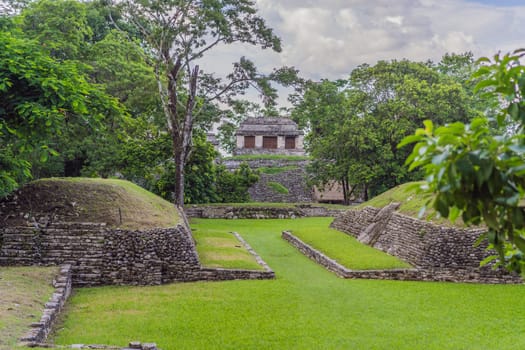 The ancient pyramids of Palenque in Mexico, surrounded by lush jungle. Iconic archaeological site showcasing Mayan culture and history. Travel, history, and adventure concept.