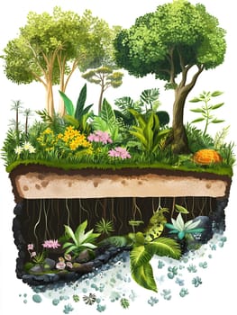 Artistic illustration of garden ecosystem with above and underground cross section showing plant roots, soil layers, flowers and trees.