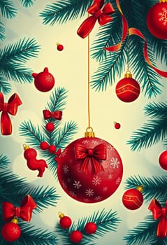 The image presents a festive scene of a Christmas tree adorned with red and gold ornaments. The tree is surrounded by green pine branches, and red bows are scattered throughout the image. The ornaments vary in size and shape, with some hanging from the branches and others resting on the ground. The colors of the ornaments and the tree create a vibrant and cheerful atmosphere.