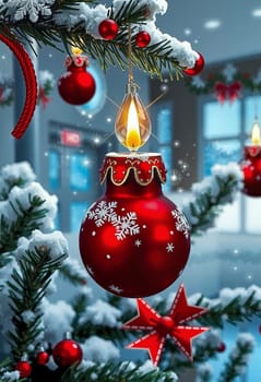 The image depicts a Christmas tree adorned with red and gold ornaments, including a red star-shaped ornament and a red and gold snowflake ornament. A red and gold candle is suspended from the tree branch, casting a warm glow. The background features a blurred window with a red and white sign, adding depth to the scene.