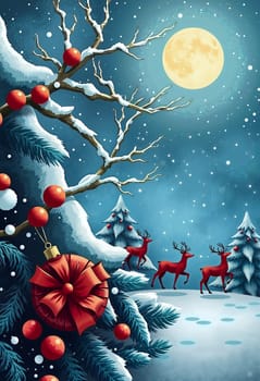 The image presents a serene winter scene under a full moon. Dominating the left side of the image is a tree adorned with red ornaments, its branches heavy with snow. On the right side, deer are captured in mid-stride, their red coats contrasting with the white snow. The background is a deep blue, dotted with white snowflakes, and the full moon casts a soft glow over the scene.