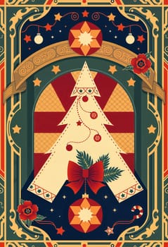 The image presents a festive Christmas scene set against a dark blue background. Dominating the center is a white Christmas tree adorned with red and gold ornaments, a red bow, and a gold star. The tree is encased within a gold archway, which is embellished with gold stars and a gold ribbon. The archway is further embellished with gold stars and a gold ribbon. The tree is surrounded by a gold star pattern, and a gold ribbon is draped over the archway. The tree is set against a backdrop of a starry night sky, and a red flower is placed on the side of the tree.
