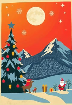 The image presents a winter scene with a full moon in the sky, casting a soft glow over the landscape. In the foreground, a Christmas tree adorned with red and gold ornaments stands tall, with a star on top. To the left, a snow-covered mountain range stretches across the background, with a blue sky dotted with white clouds above. On the right, a Santa Claus figure is depicted, holding a gift box and standing next to a reindeer.