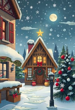 The image depicts a serene winter scene in a small village. The sky is filled with falling snowflakes, creating a soft, white blanket over the landscape. The village is adorned with Christmas decorations, including a full moon and a star, adding a touch of magic to the scene. The village houses are decorated with red and gold ornaments, and a Christmas tree stands tall in the foreground, its branches laden with ornaments. A bench is situated on the left side of the image, and a lamp post stands on the right, casting a warm glow on the snow-covered ground.