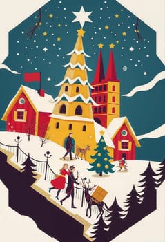 The image presents a vibrant winter scene set in a village. Dominating the center is a large, multi-tiered Christmas tree, its branches adorned with twinkling lights and a star at the top. The tree is surrounded by a snowy landscape, with houses and buildings of various sizes and colors scattered around. People can be seen walking around the village, some carrying gifts. The sky above is a clear blue, dotted with stars, and the ground is covered in snow.