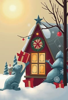 The image depicts a snowy winter scene with a red house adorned with a wreath and a star on the roof. The sky is clear yellow with a bright sun shining, and the ground is covered in snow.
