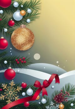 The image presents a festive Christmas scene. Christmas tree adorned with red and gold ornaments, including a large gold ornament with a red ribbon. The tree is surrounded by a snowy landscape, with white snowflakes scattered throughout. The background transitions from a light blue to a darker blue, creating a gradient effect. The entire scene is framed by a white border, providing a clean and elegant look.