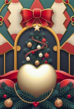 The image presents a festive Christmas scene. Dominating the center is a Christmas tree, adorned with red and gold ornaments and a red bow. The tree is encased within a gold arch, which is embellished with a red ribbon and a gold star. The tree is surrounded by a garland of red and gold ornaments, and a gold heart-shaped ornament is placed in the center. The background is a dark blue color, with a pattern of red and white stripes and a gold border.