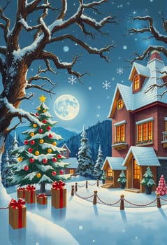 The image depicts a serene winter scene with a large, full moon illuminating the sky. The moon casts a soft glow on the snow-covered ground below. In the foreground, a Christmas tree stands tall, adorned with red and gold ornaments and wrapped in a red and gold bow. To the left, a house with a red roof and a chimney is visible, with a porch and a window. On the right, a tree with a pink and red trunk stands next to a house with a brown roof and a chimney. The scene is further enhanced by snowflakes falling from the sky, creating a sense of tranquility and festivity.