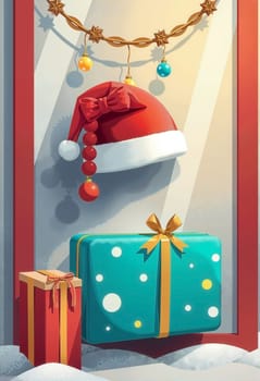 The image presents a festive scene set against a white wall. Dominating the scene is a red Santa hat, adorned with a red bow and a red pom-pom, hanging from a gold string. Just below the hat, a blue gift box is placed, also wrapped in a bow and featuring white polka dots. The background is a stark white, providing a contrast to the vibrant colors of the hat and gift box.