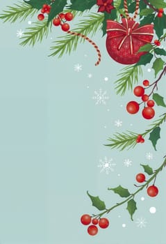 The image presents a festive scene set against a light blue background. Dominating the right side of the image is a red ornament, adorned with a bow, hanging from a branch. The branch is embellished with green leaves and red berries, adding a touch of nature to the scene. Scattered around the branch are white snowflakes, their delicate forms contrasting with the vibrant colors of the ornament and the surrounding foliage. The entire scene is framed by a white border, providing a clean and minimalist aesthetic.