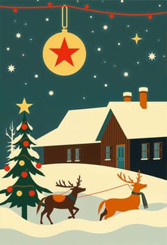 The image depicts a serene winter scene with a snowy landscape, a tall Christmas tree adorned with red and gold ornaments, and two reindeer, one brown and one orange, pulling a sleigh. In the background, a wooden cabin with a chimney and a starry night sky with a large yellow moon can be seen.