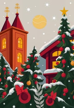 The image presents a festive Christmas scene set against a gray sky with a full moon. The scene is dominated by a large Christmas tree adorned with red and gold ornaments, and a smaller tree with red and gold ornaments. In the background, a red building with a gold roof and a church with a red roof are visible, adding to the holiday atmosphere. The trees are covered in snow, and the sky is filled with snowflakes, creating a winter wonderland.