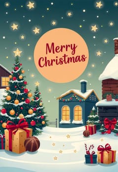 The image presents a festive Christmas scene set against a starry night sky. Dominating the center of the image is a large, glowing orange circle with the text Merry Christmas inscribed in bold letters. The background is a deep blue, adorned with white stars scattered across it. On the left side of the image, a Christmas tree stands tall, decorated with red and gold ornaments and wrapped in a red ribbon. On the right side, a house with a chimney and a red roof is visible, also decorated with red and gold ornaments. In front of the house, a pile of presents is neatly arranged, with a red bow tied around one of them.