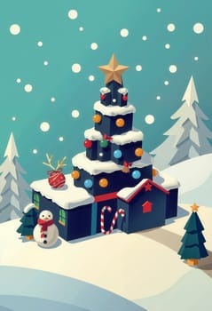 The image presents a whimsical scene set in a snowy landscape. Dominating the center of the image is a Christmas tree, its branches laden with an array of colorful ornaments. The tree is topped with a star, adding a touch of magic to the scene. To the left of the tree, a snowman stands, its carrot nose and coal eyes adding a festive touch. On the right side of the tree, a candy cane and a star are visible. The background is a serene blue, dotted with white snowflakes, and two white pine trees stand tall in the distance.