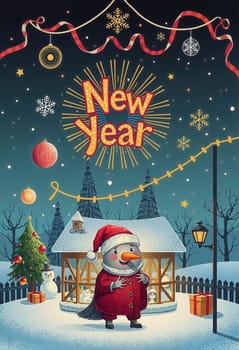 The image presents a festive scene set against a dark blue sky with white snowflakes. At the center is a cheerful snowman wearing a red coat and a Santa hat, standing on a snowy ground. To the left, a Christmas tree adorned with red and gold ornaments stands tall. On the right, a wooden house with a red roof is nestled amidst the snow. The background is decorated with a string of red and gold ribbons and snowflakes, and a large New Year sign with a yellow sunburst design is prominently displayed.