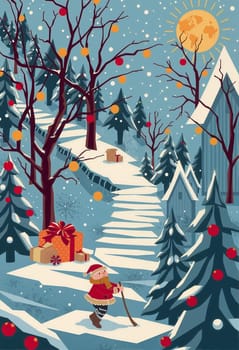 The image depicts a snowy winter scene with a person dressed in a red Santa hat and coat walking up a snowy path. The path is lined with trees adorned with red and gold ornaments, and a large orange gift box is placed on the left side of the path. In the background, a large orange sun is visible, and a blue sky with white clouds is dotted with falling snowflakes. On the right side of the path, a small blue building is present.