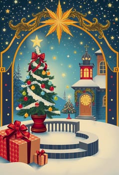 The image presents a festive Christmas scene set against a starry night sky. Dominating the center of the image is a beautifully decorated Christmas tree, adorned with red and gold ornaments and a large red bow on top. To the left of the tree, a red and gold gift box rests on a white pedestal. On the right side of the tree, a blue and gold church with a clock on its front door stands tall. The background is filled with a starry night sky, and a golden star shines brightly above the scene.