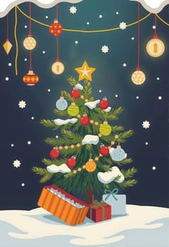 The image depicts a festive Christmas scene set against a dark blue background with white snowflakes. At the center is a Christmas tree adorned with red and gold ornaments, a yellow star, and a red gift box. To the left of the tree, a red and orange striped gift box is visible. On the right side, a white gift box with a green ribbon is present. The tree is surrounded by a string of lights, and the snowflakes are falling from the sky, creating a magical atmosphere.