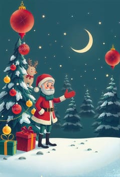 The image depicts a festive Christmas scene. At the center is a Santa Claus figure wearing a red suit and hat, standing on a snowy ground. To the left, a Christmas tree adorned with red and gold ornaments and a red reindeer is visible. On the right, two red and gold ornaments hang from a tree. The background features a dark blue sky with a crescent moon and twinkling stars.