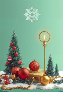The image presents a festive Christmas scene set against a green background. Dominating the center of the image is a Christmas tree, adorned with red and gold ornaments. To the left of the tree, a gold candelabra stands tall, its flame flickering. On the right side of the tree, a gold star shines brightly. In the background, a white snowflake is prominently displayed. The entire arrangement is set on a white tablecloth, which contrasts beautifully with the green background.