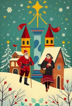 The image presents a festive winter scene with a man dressed as Santa Claus and a woman dressed in a red coat and black hat walking on a snowy hill. They are surrounded by a charming village with a red brick building, a blue and yellow tower, and a green roof. The sky is filled with snowflakes, and a star shines brightly above the scene. The image is adorned with red and green flowers and leaves, and the overall color scheme is predominantly green, red, and yellow.