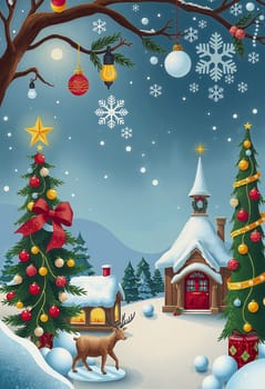 The image presents a winter scene with a snowy landscape, two Christmas trees adorned with red bows and ornaments, a small wooden cabin with a red roof, a church with a white roof and a bell tower, a deer standing in the foreground, and snowflakes falling from the sky.