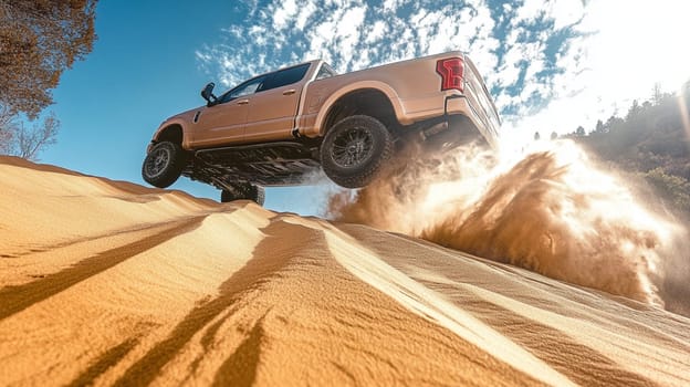 A powerful lifted truck soars through the air, kicking up sand as it jumps off a high dune with a clear blue sky and wispy clouds in the background, creating an adventurous atmosphere.