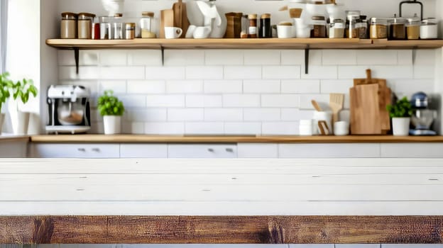 Blurred interior of stylish modern kitchen with massive straight white table for display of products or set of goods.