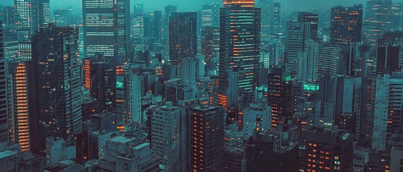 Futuristic cityscape with glowing buildings in the rain at night, creating a moody, mysterious cyberpunk vibe from above. Blue, green, and orange colors add drama to this contemporary urban scene