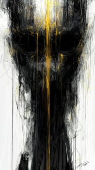 Dark abstract portrait painting showing a screaming face with golden tears, expressing deep emotion and inner turmoil. The artwork uses strong brushstrokes and a contrasting color palette